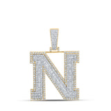 10kt Two-tone Gold Mens Baguette Diamond N Initial Letter Charm Pendant 2-5/8 Cttw