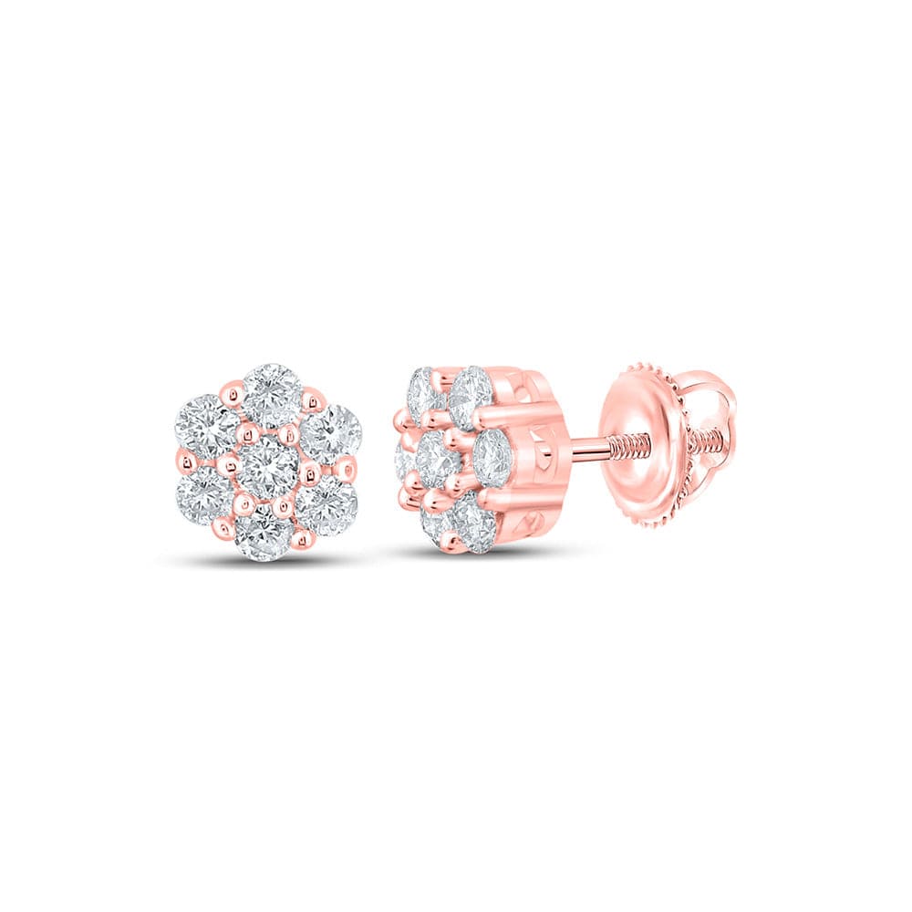10kt Rose Gold Mens Round Diamond Flower Cluster Earrings 1/4 Cttw