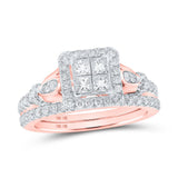 10kt Rose Gold Princess Diamond Square Bridal Wedding Ring Band Set 7/8 Cttw