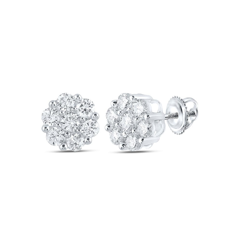14kt White Gold Womens Round Diamond Flower Cluster Earrings 1-1/5 Cttw