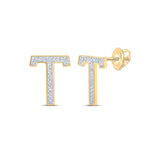 10kt Yellow Gold Womens Round Diamond T Initial Letter Earrings 1/10 Cttw