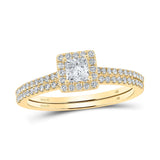 14kt Yellow Gold Princess Diamond Square Halo Bridal Wedding Ring Band Set 5/8 Cttw