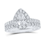 14kt White Gold Pear Diamond Halo Bridal Wedding Ring Band Set 1-7/8 Cttw