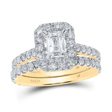 14kt Yellow Gold Emerald Diamond Halo Bridal Wedding Ring Band Set 1-7/8 Cttw
