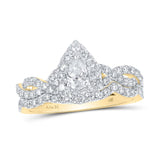 14kt Yellow Gold Pear Diamond Halo Twist Bridal Wedding Ring Band Set 1 Cttw