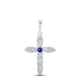 10kt White Gold Womens Round Blue Sapphire Diamond Cross Pendant 1/2 Cttw