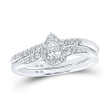 10kt White Gold Pear Diamond Halo Bridal Wedding Ring Band Set 1/3 Cttw