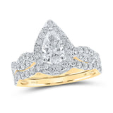 14kt Yellow Gold Pear Diamond Halo Bridal Wedding Ring Band Set 1-1/2 Cttw