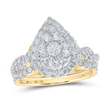 10kt Yellow Gold Round Diamond Pear Halo Bridal Wedding Ring Band Set 1-1/2 Cttw
