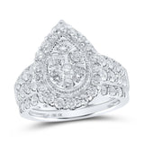 10kt White Gold Round Diamond Teardrop Cluster Bridal Wedding Ring Band Set 2 Cttw