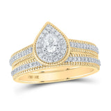 10kt Yellow Gold Pear Diamond Halo Bridal Wedding Ring Band Set 1/2 Cttw