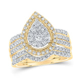 10kt Yellow Gold Round Diamond Pear-shape Bridal Wedding Ring Band Set 1 Cttw