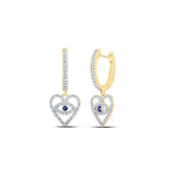 10kt Yellow Gold Womens Round Blue Sapphire Diamond Heart Dangle Earrings 3/8 Cttw