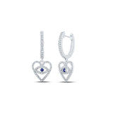 10kt White Gold Womens Round Blue Sapphire Diamond Heart Dangle Earrings 3/8 Cttw