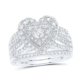 10kt White Gold Round Diamond Heart Bridal Wedding Ring Band Set 1 Cttw