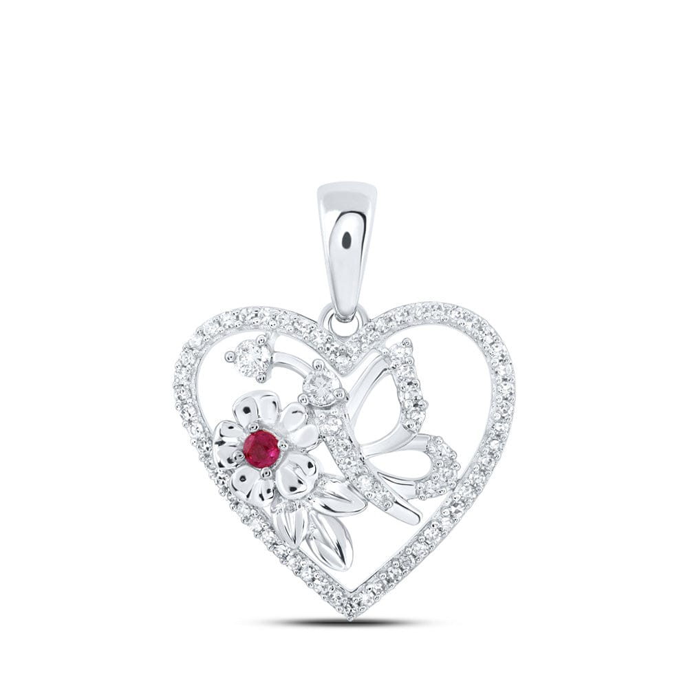 10kt White Gold Womens Round Ruby Diamond Butterfly Heart Pendant 1/5 Cttw