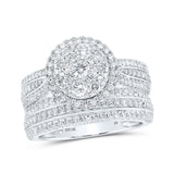 10kt White Gold Round Diamond Cluster Bridal Wedding Ring Band Set 1-3/8 Cttw