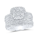 10kt White Gold Round Diamond Square Cluster Bridal Wedding Ring Band Set 1-1/2 Cttw