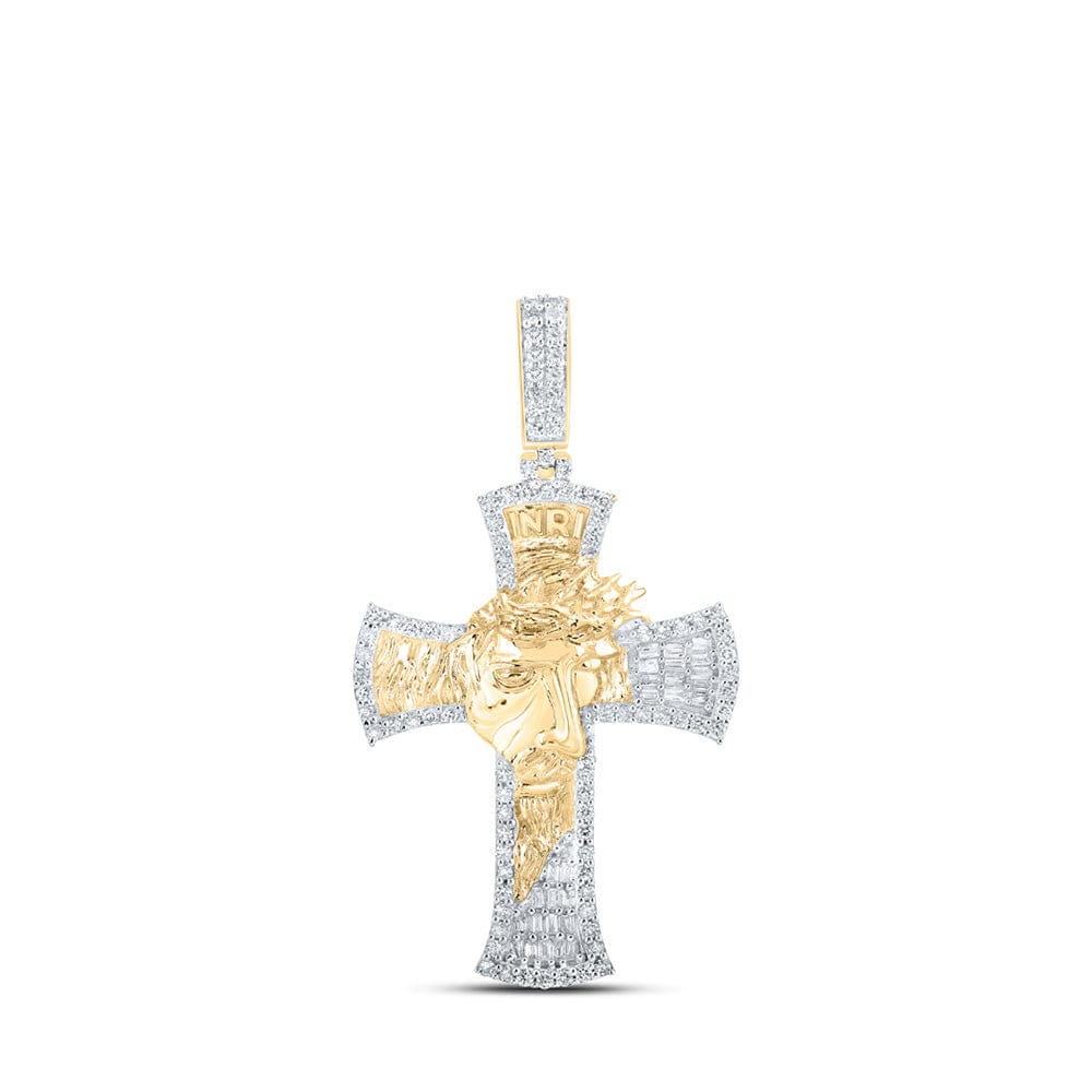 10kt Yellow Gold Mens Baguette Diamond Jesus Face Cross Charm Pendant 1 Cttw