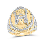 10kt Yellow Gold Mens Round Diamond Jesus Face Oval Ring 2-1/5 Cttw