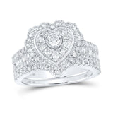 10kt White Gold Round Diamond Heart Bridal Wedding Ring Band Set 1-1/2 Cttw