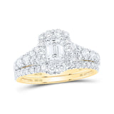 14kt Yellow Gold Emerald Diamond Halo Bridal Wedding Ring Band Set 1-1/2 Cttw