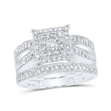 10kt White Gold Round Diamond Square Bridal Wedding Ring Band Set 3/4 Cttw