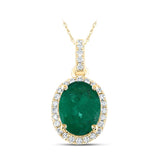 14kt Yellow Gold Womens Oval Emerald Solitaire Diamond Halo Pendant 1 Cttw