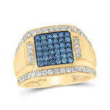 10kt Yellow Gold Mens Round Blue Color Treated Diamond Square Ring 1-5/8 Cttw