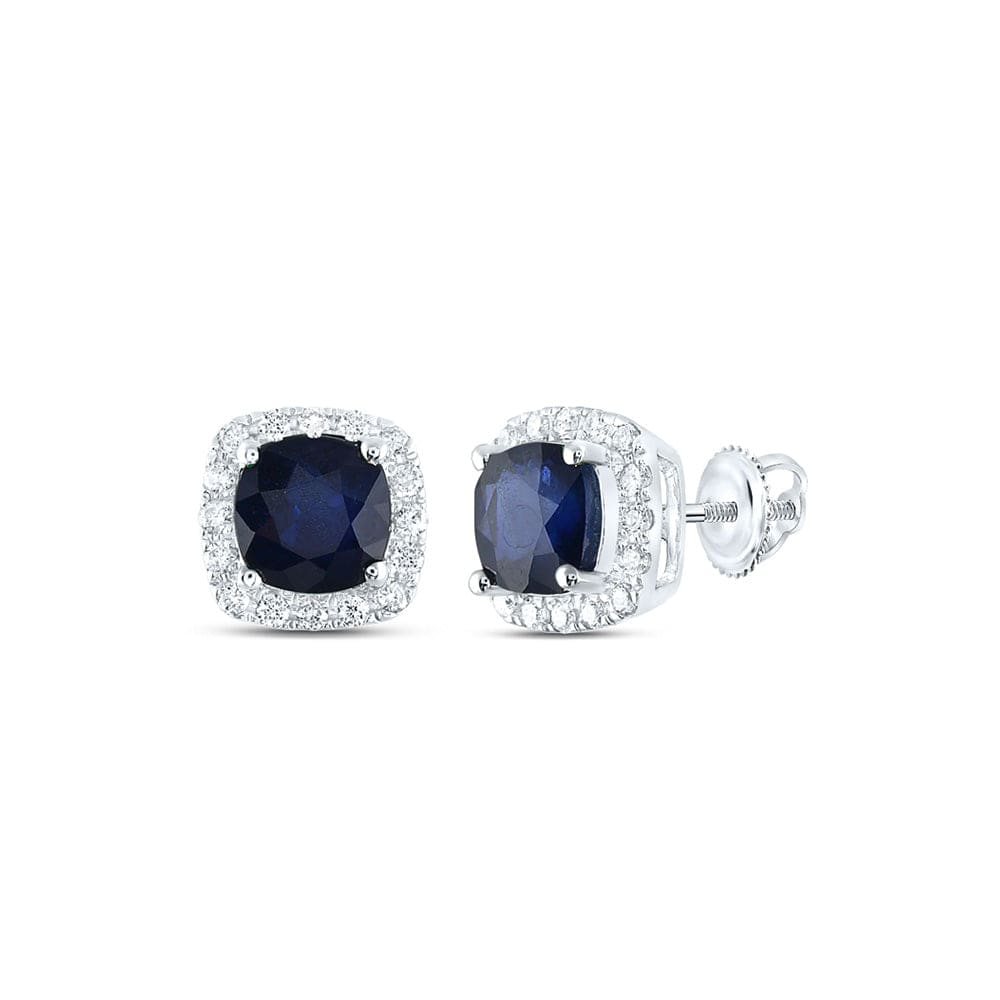14kt White Gold Womens Cushion Blue Sapphire Solitaire Diamond Halo Earrings 1-7/8 Cttw