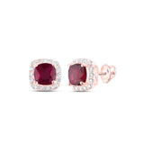 14kt Rose Gold Womens Cushion Ruby Diamond Halo Earrings 1-3/4 Cttw
