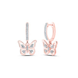 10kt Rose Gold Womens Round Diamond Butterfly Hoop Dangle Earrings 1/6 Cttw