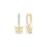 10kt Yellow Gold Womens Round Diamond Butterfly Hoop Dangle Earrings 1/6 Cttw