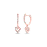 10kt Rose Gold Womens Round Diamond Heart Hoop Dangle Earrings 1/6 Cttw