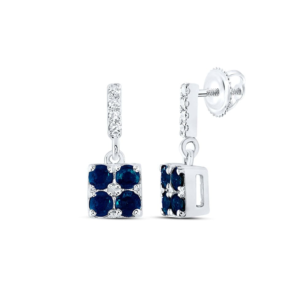 14kt White Gold Womens Round Blue Sapphire Diamond Square Dangle Earrings 1/3 Cttw