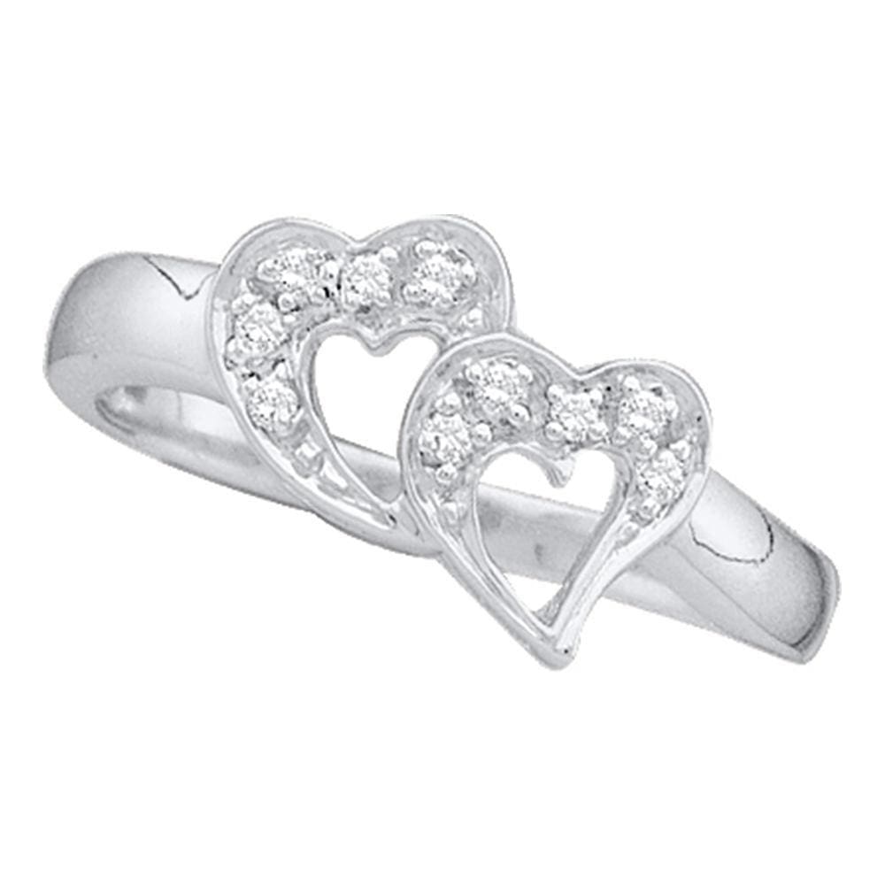 14kt White Gold Womens Round Diamond Double Heart Ring 1/20 Cttw
