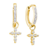 10kt Yellow Gold Womens Round Diamond Cross Dangle Hoop Earrings 1/10 Cttw