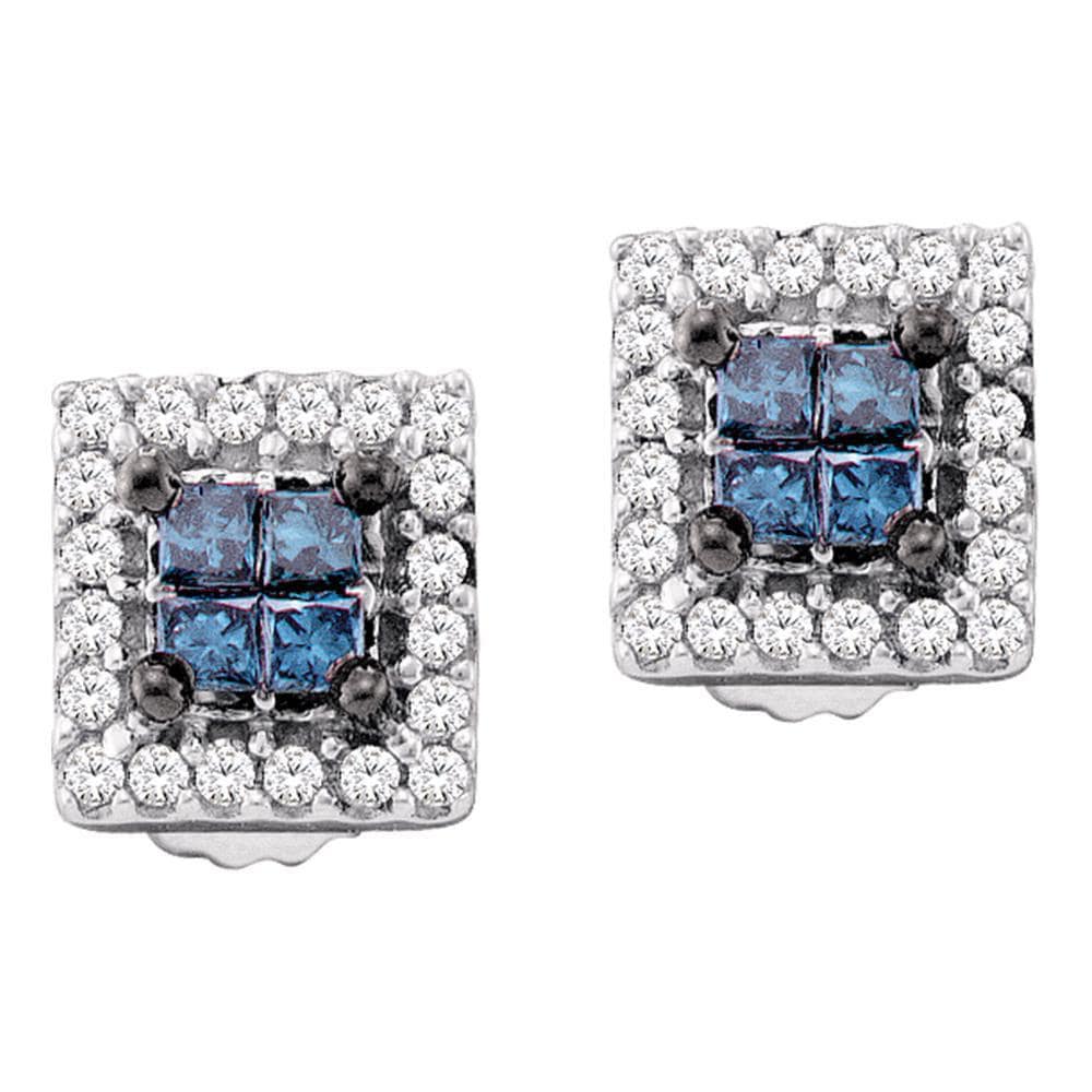 14kt White Gold Womens Princess Blue Color Enhanced Diamond Cluster Earrings 1/3 Cttw