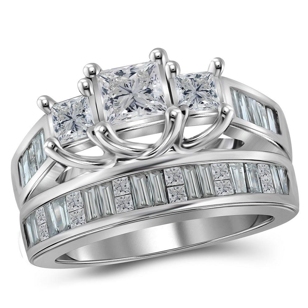 14kt White Gold Princess Diamond 3-Stone Bridal Wedding Ring Band Set 2 Cttw