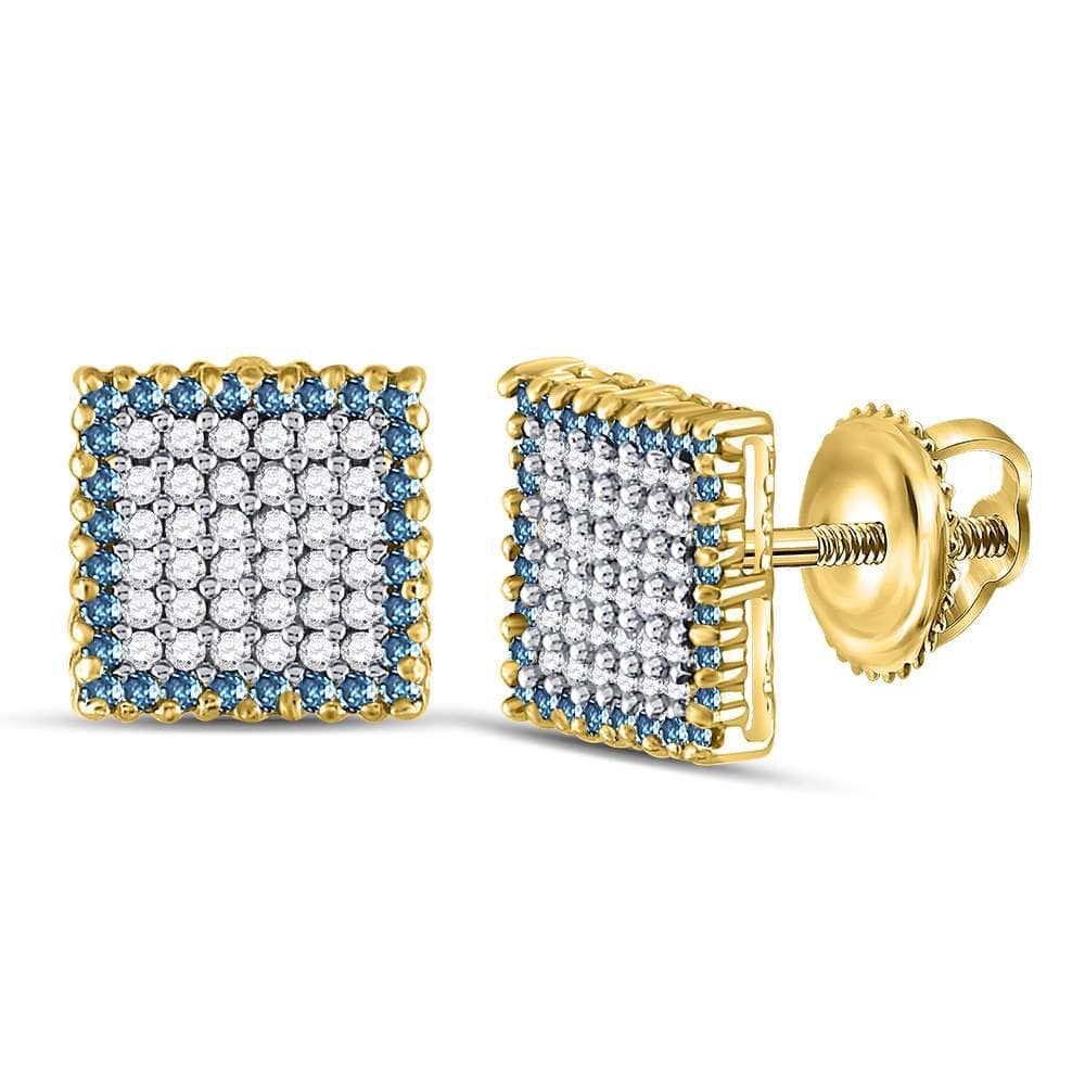 10kt Yellow Gold Mens Round Blue Color Enhanced Diamond Square Cluster Earrings 1.00 Cttw