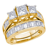 14kt Yellow Gold Womens Princess Diamond 3-Stone Bridal Wedding Engagement Ring Band Set 2.00 Cttw