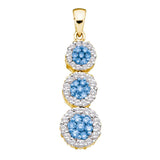 14kt Yellow Gold Womens Round Blue Color Enhanced Diamond Triple Flower Cluster Pendant 3/4 Cttw