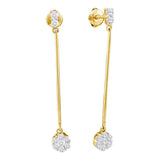 14kt Yellow Gold Womens Round Diamond Slender Flower Cluster Dangle Earrings 1/2 Cttw
