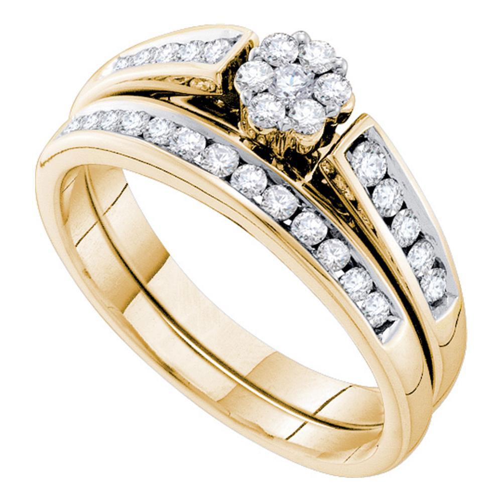 14k Yellow Gold Round Diamond Flower Cluster Wedding Bridal Ring Set 1/2 Cttw