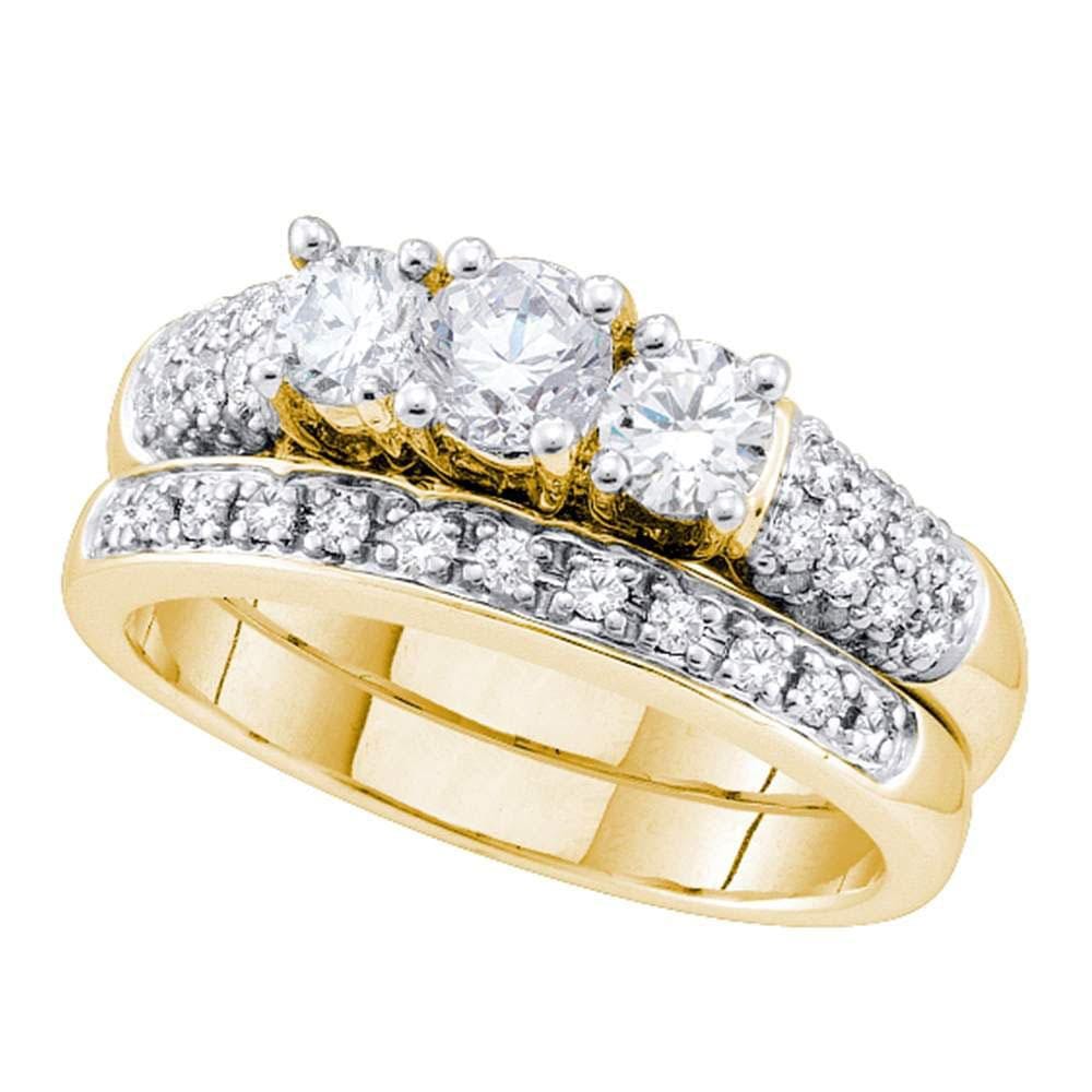 14kt Yellow Gold Womens Round Diamond 3-Stone Bridal Wedding Engagement Ring Band Set 1-1/10 Cttw