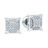 10kt White Gold Womens Round Diamond Square Geometric Cluster Earrings 1/8 Cttw