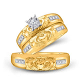 14kt Yellow Gold His Hers Round Diamond Claddagh Matching Wedding Set 1/8 Cttw