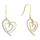10kt Yellow Gold Womens Round Diamond Heart Dangle Wire Earrings 3/8 Cttw