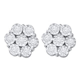 10kt White Gold Womens Round Illusion-set Diamond Flower Cluster Earrings 1 Cttw