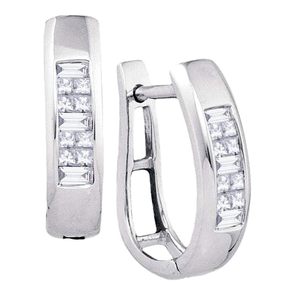 10k White Gold Baguette Princess Channel-Set Diamond Womens Hoop Earrings 1/3 Cttw